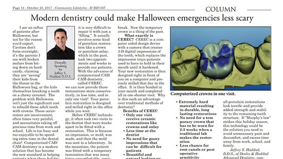 Column by Dr. Haddad titled "Modern dentistry could make Halloween emergencies less scary"