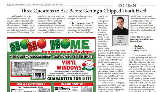 Column by Dr. Haddad titled "Three Questions to Ask Before Getting a Chipped Tooth Fixed"