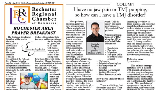 i-have-no-jaw-pain - Rochester Advanced Dentistry Column by Dr. Haddad titled 'I have no jaw pain or TMJ popping, so how can I have a TMJ disorder?"