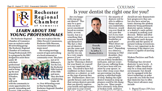 August 2018 column by Dr. Hadad titled "Is your dentist the right one for you?"