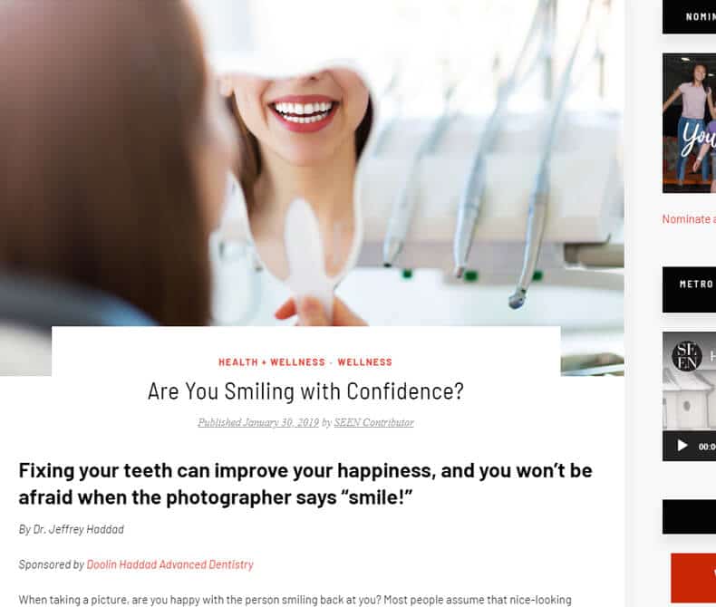 Woman holding a mirror with the title, "Are You Smiling with Confidence?" and sentence "Fixing your teeth can improve your happiness, and you won't be afraid when the photographer says 'smile!'"