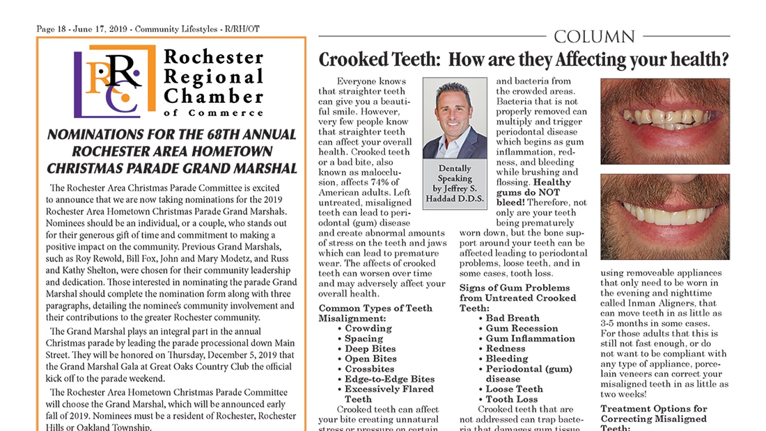 June 2019 column by Dr. Haddad, titled "Crooked Teeth: How are they Affecting your health?"