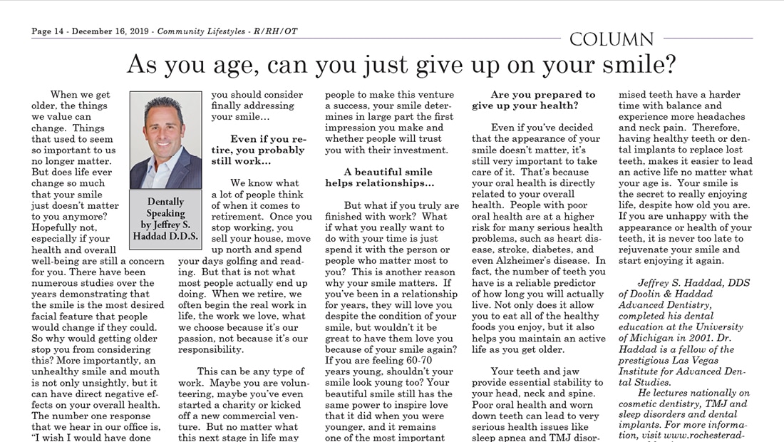 Newspaper article from September 2019 on headaches and TMJ pain by Dr. Haddad