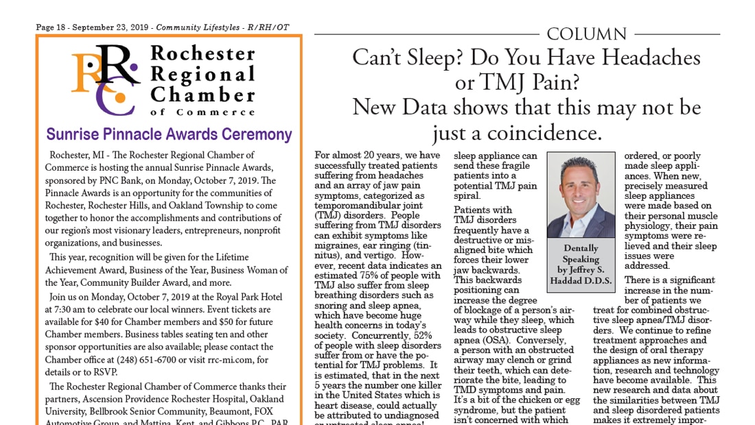 Newspaper article from September 2019 on headaches and TMJ pain by Dr. Haddad