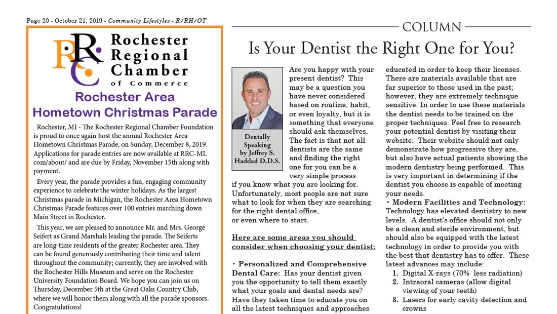 October 2019 article with a column titled "Is Your Dentist the Right One for You?" by Dr. Haddad