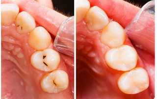 Close up of patient's teeth before and after replacing metal fillings with tooth colored fillings
