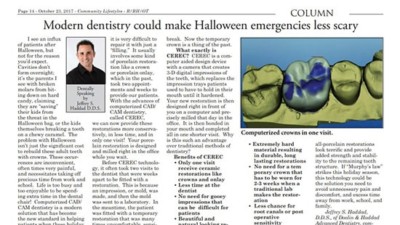 ModernDentistryHalloween-October23-2017 Column by Dr. Haddad titled "Modern dentistry could make Halloween emergencies less scary"