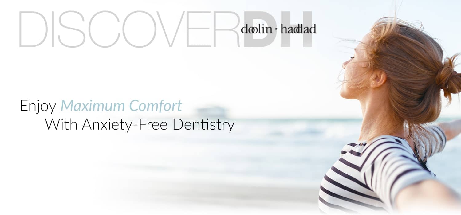 Sedation-banner-min Banner with a woman standing and stretching on the beach with the words "Enjoy maximum comfort with anxiety-free dentistry"