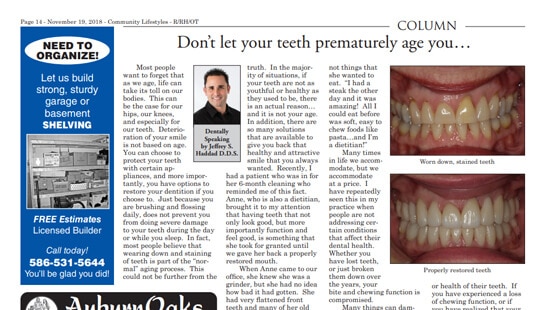 november-haddad-article-thumbnail November 2018 column by Dr. Haddad and titled "Don't let your teeth prematurely age you..."